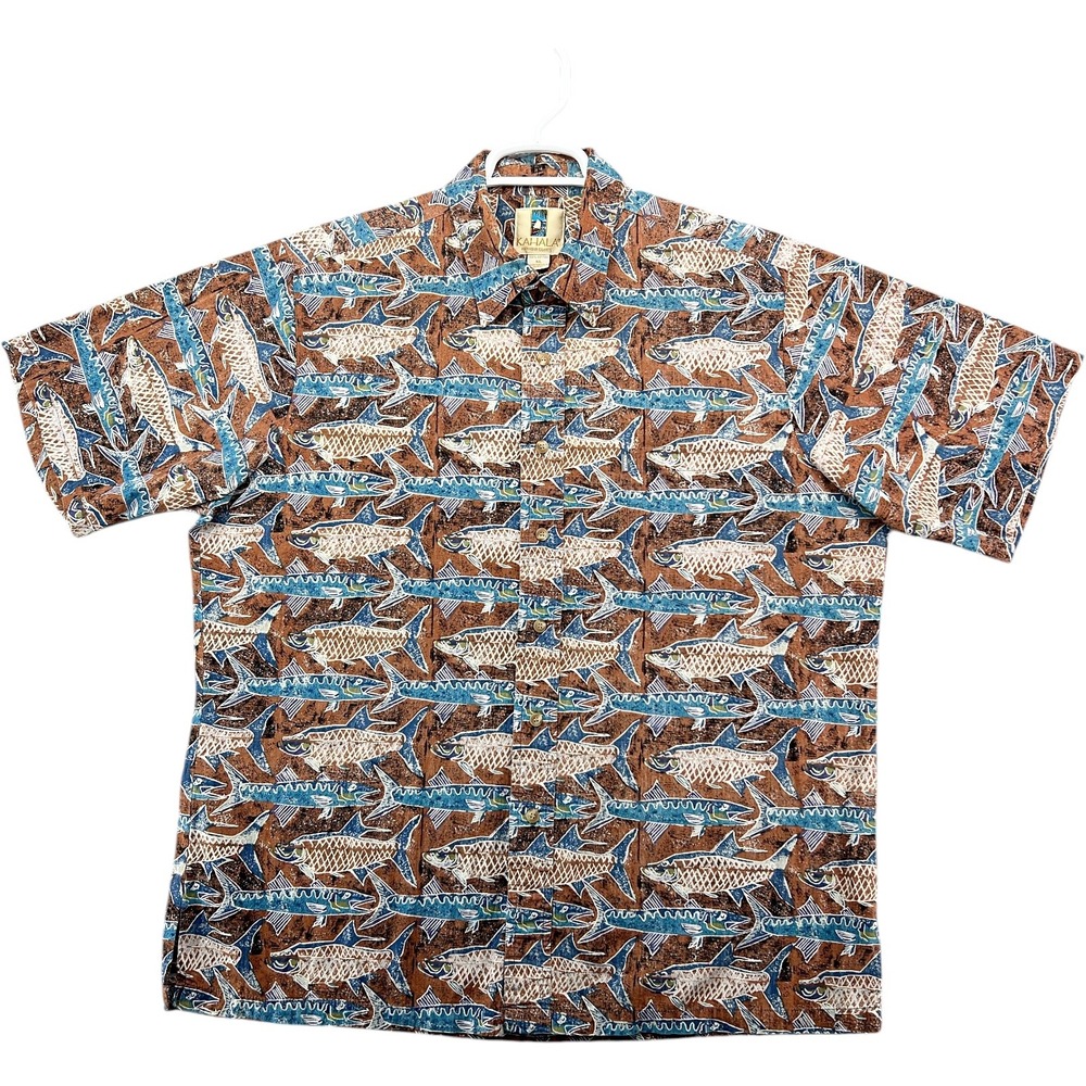 Kahala Shirt Mens XL Brown Blue Fish Barracuda Print Cotton Hawaiian Made in USA